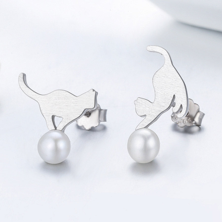 Asymmetric Playful Cat Pearl Earrings in 925 Sterling Silver - Aspect Jewellery