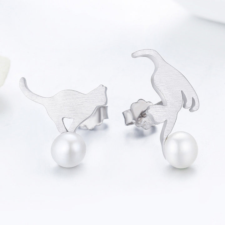 Asymmetric Playful Cat Pearl Earrings in 925 Sterling Silver - Aspect Jewellery