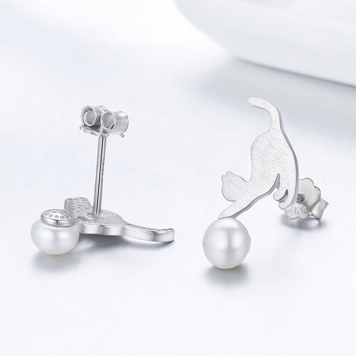 Asymmetric Playful Cat Pearl Earrings in 925 Sterling Silver - Aspect Jewellery