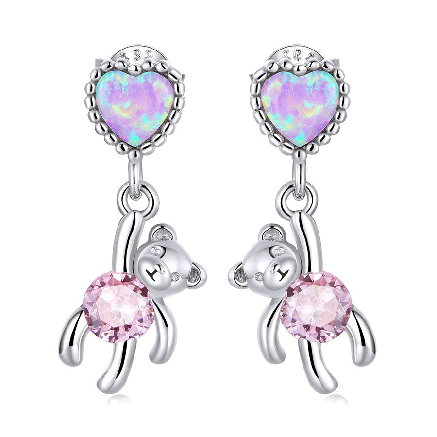 Love Bear Stud Earrings - 925 Sterling Silver with Pink Heart Design - Aspect Jewellery