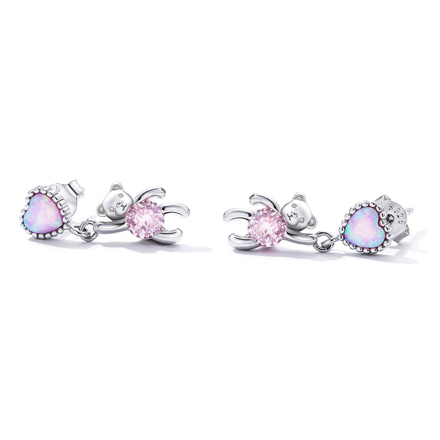 Love Bear Stud Earrings - 925 Sterling Silver with Pink Heart Design - Aspect Jewellery