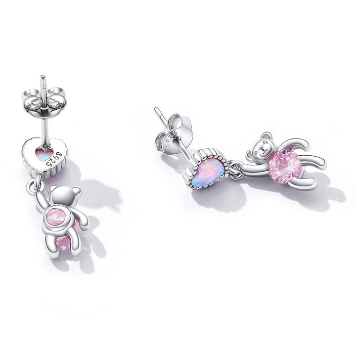 Love Bear Stud Earrings - 925 Sterling Silver with Pink Heart Design - Aspect Jewellery