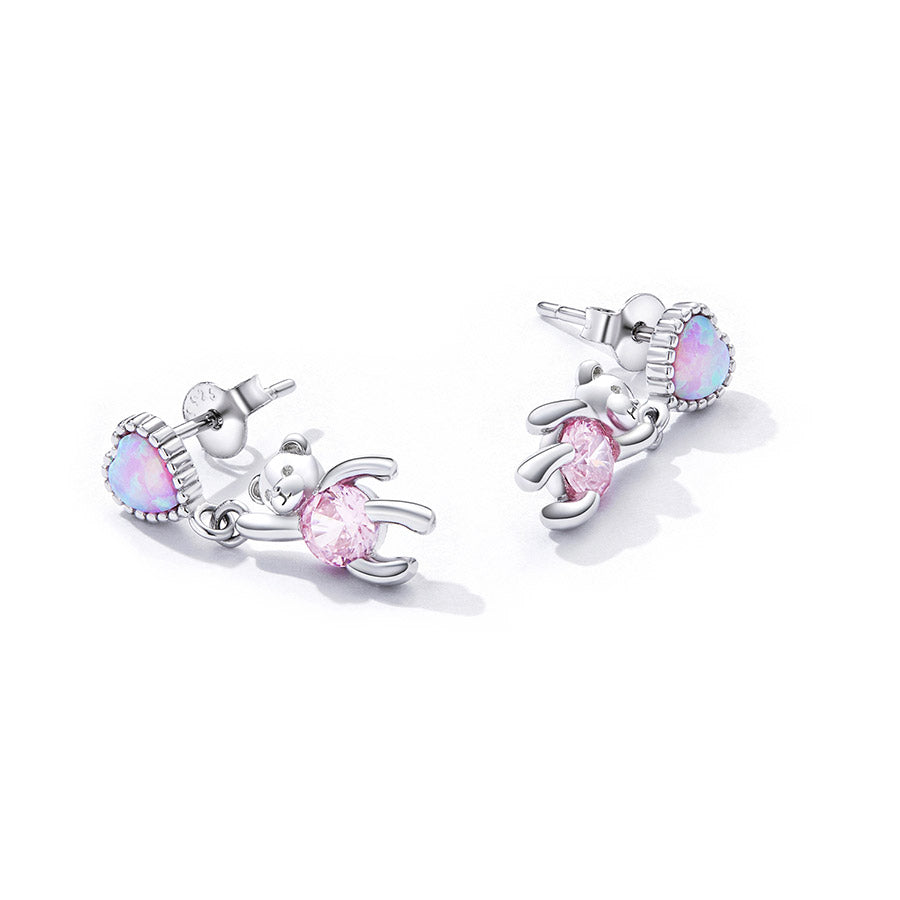 Love Bear Stud Earrings - 925 Sterling Silver with Pink Heart Design - Aspect Jewellery