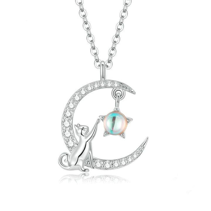 Cat and Moon Necklace - 925 Sterling Silver - Aspect Jewellery