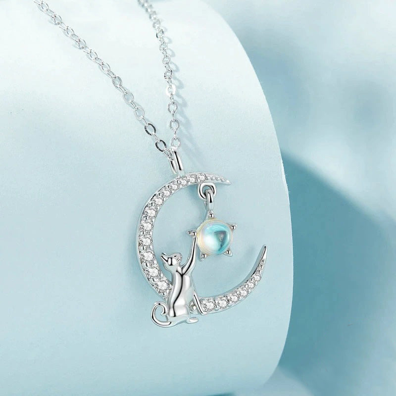 Cat and Moon Necklace - 925 Sterling Silver - Aspect Jewellery