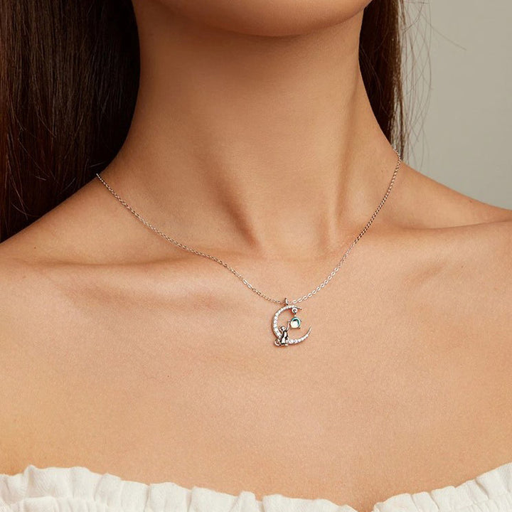 Cat and Moon Necklace - 925 Sterling Silver - Aspect Jewellery