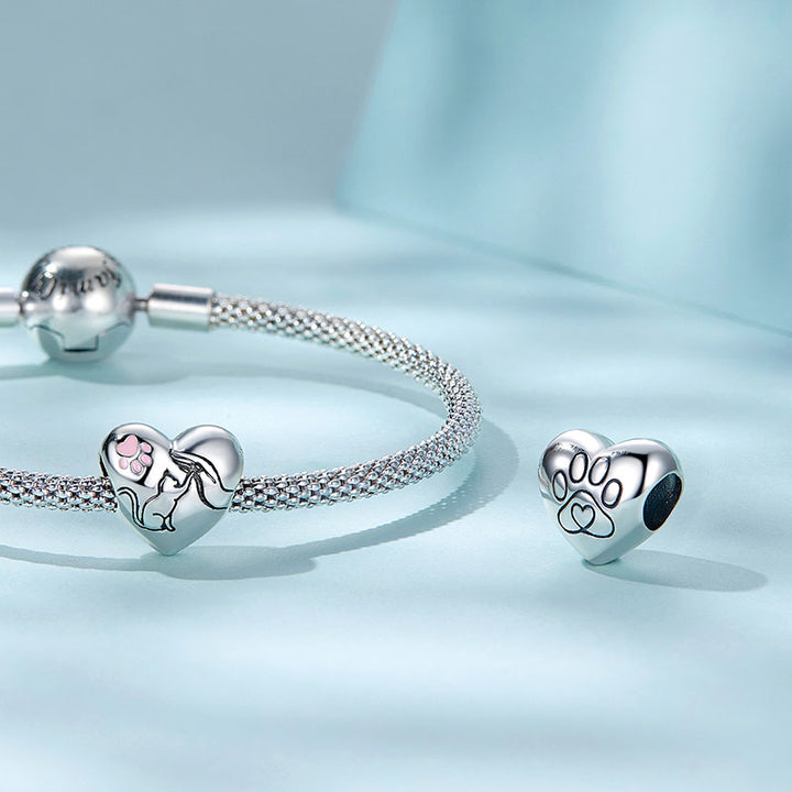 Love Cat Heart Paw Charm in 925 Sterling Silver - Aspect Jewellery