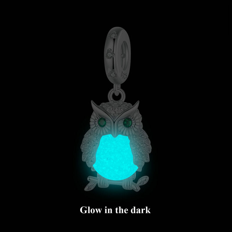 Glow-in-the-Dark Owl Luminous Charm Pendant in 925 Sterling Silver - Aspect Jewellery