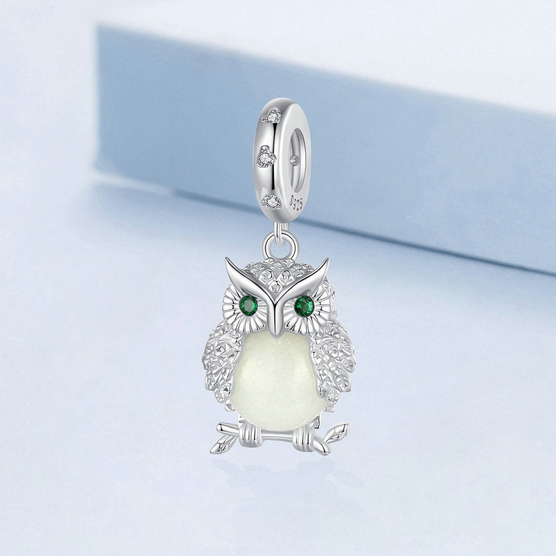 Glow-in-the-Dark Owl Luminous Charm Pendant in 925 Sterling Silver - Aspect Jewellery