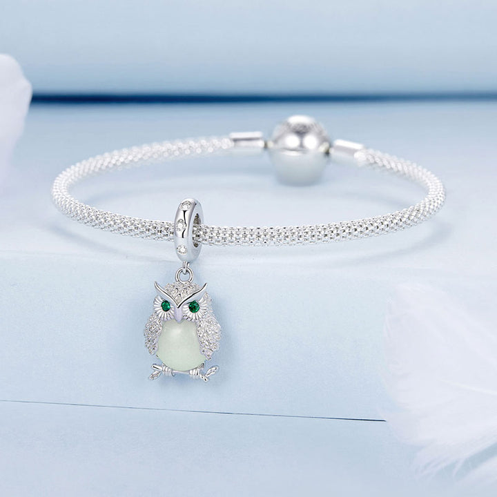 Glow-in-the-Dark Owl Luminous Charm Pendant in 925 Sterling Silver - Aspect Jewellery