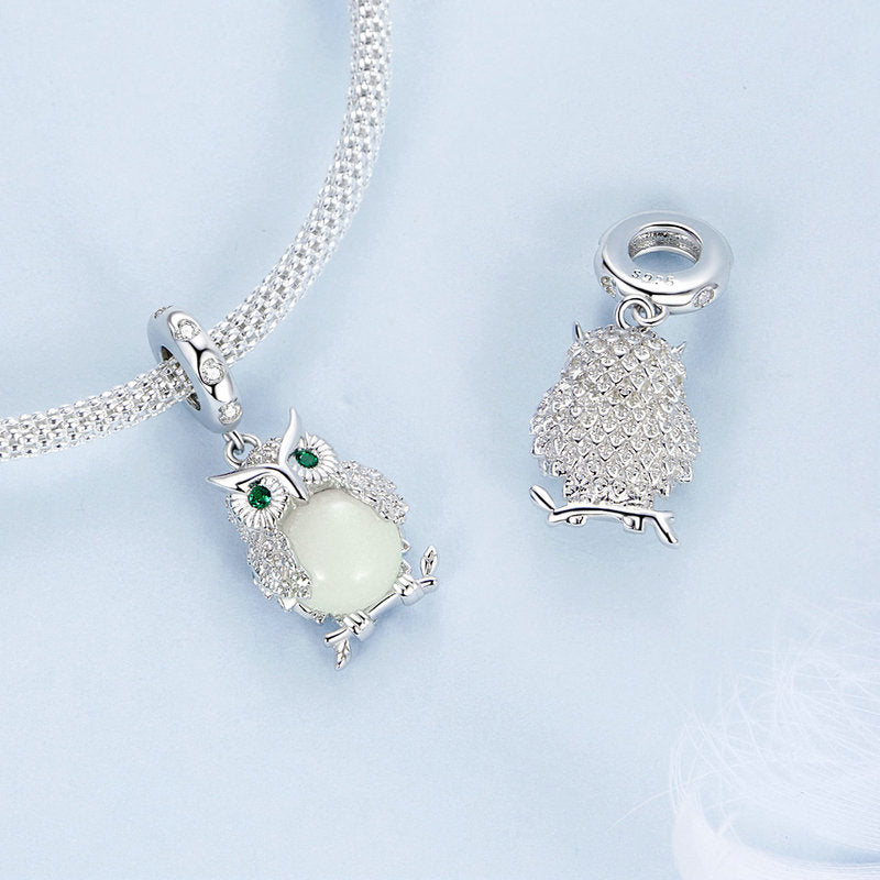 Glow-in-the-Dark Owl Luminous Charm Pendant in 925 Sterling Silver - Aspect Jewellery