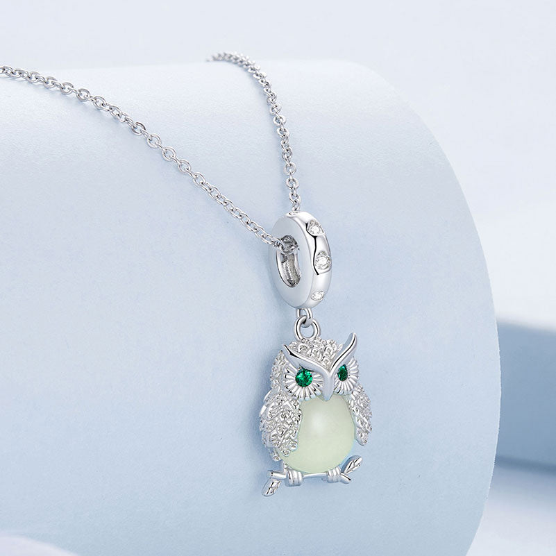 Glow-in-the-Dark Owl Luminous Charm Pendant in 925 Sterling Silver - Aspect Jewellery