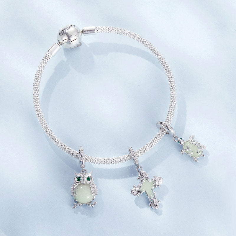 Glow-in-the-Dark Owl Luminous Charm Pendant in 925 Sterling Silver - Aspect Jewellery