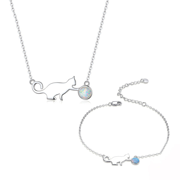 Playful Opal Cat Jewellery Set - Necklace and Bracelet - Aspect Jewellery