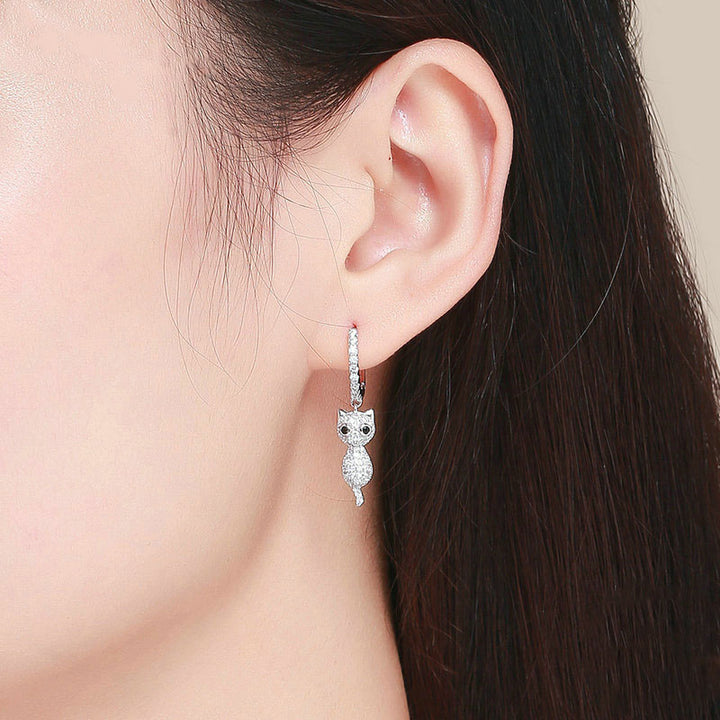 Sterling Silver Cat Earrings with Sparkling Cubic Zirconia - Aspect Jewellery