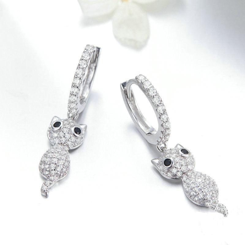 Sterling Silver Cat Earrings with Sparkling Cubic Zirconia - Aspect Jewellery