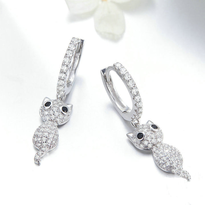 Sterling Silver Cat Earrings with Sparkling Cubic Zirconia - Aspect Jewellery