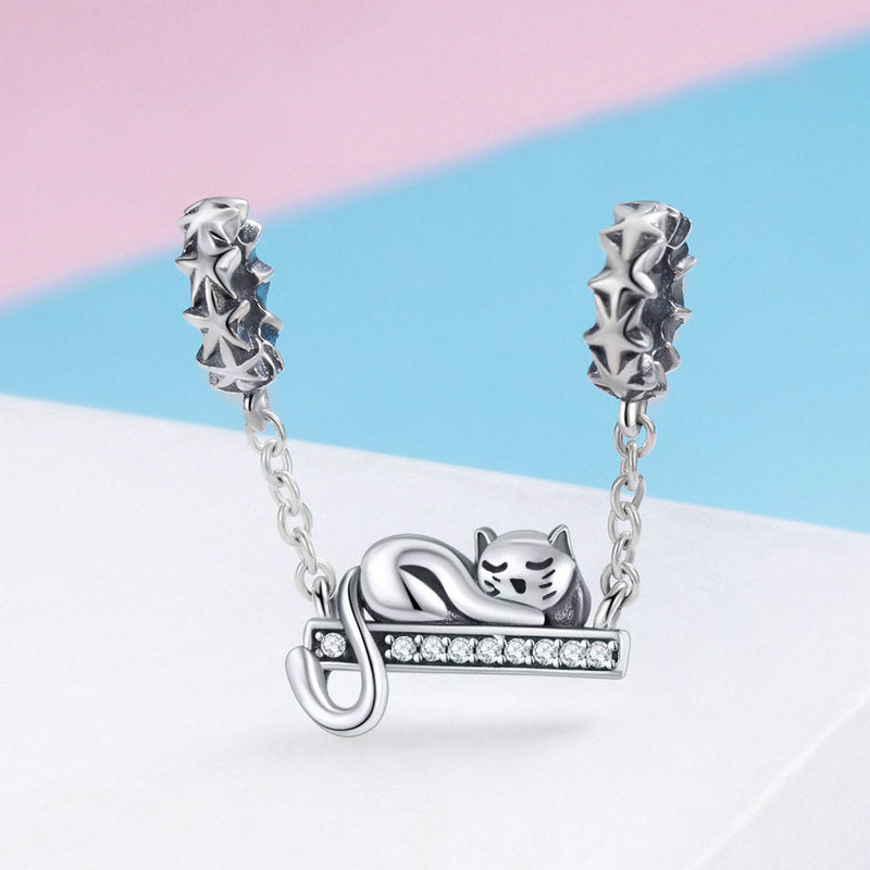 Sleepy Cat Chain Charm in 925 Sterling Silver - Aspect Jewellery