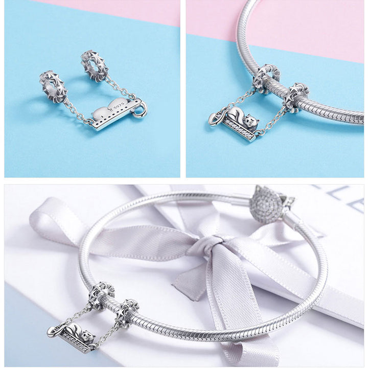 Sleepy Cat Chain Charm in 925 Sterling Silver - Aspect Jewellery