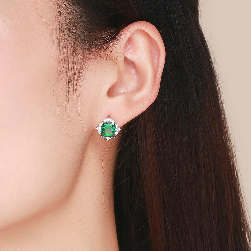 Square Green Zircon Stud Earrings in 925 Sterling Silver - Aspect Jewellery