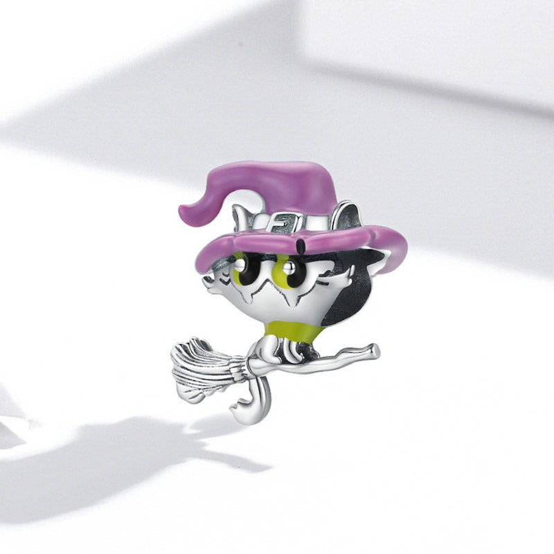 Witch Cat Halloween Charm in 925 Sterling Silver - Aspect Jewellery